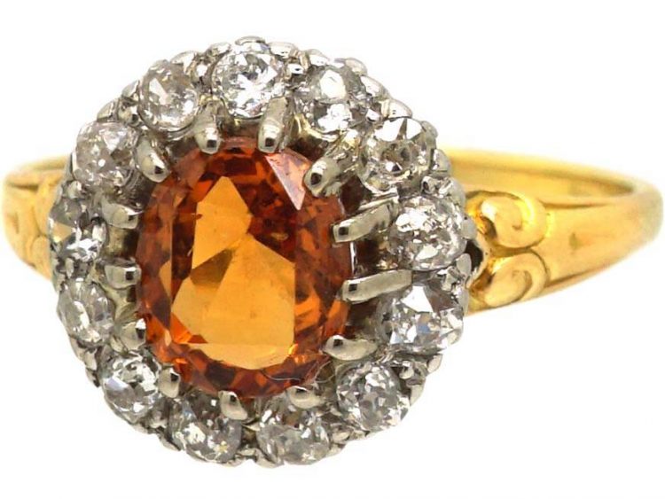 Edwardian 18ct Gold, Citrine & Diamond Cluster Ring