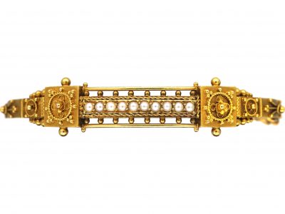 Edwardian 15ct Gold Etruscan Style Bangle set with Natural Split Pearls