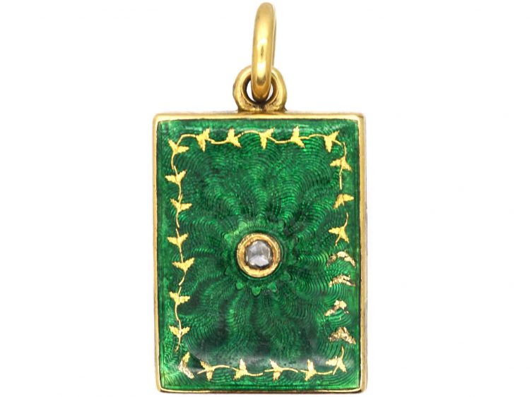 Edwardian 18ct Gold, Green Enamel & Rose Diamond Rectangular Locket