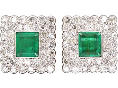 Art Deco 18ct Gold & Platinum Square Earrings set with Emeralds & Diamonds