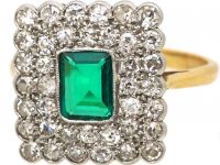 Art Deco 18ct Gold & Platinum Square Ring set with an Emerald & Diamonds
