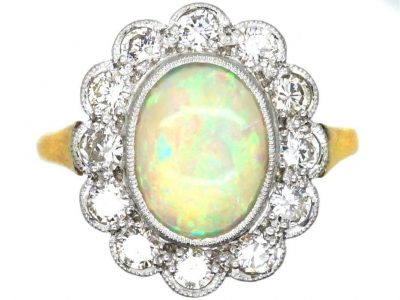 Edwardian 18ct Gold & Platinum, Opal & Diamond Cluster Ring