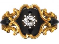 Georgian 18ct Gold & Black Enamel Mourning Ring set with a Diamond