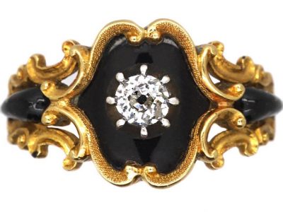 Georgian 18ct Gold & Black Enamel Mourning Ring set with a Diamond