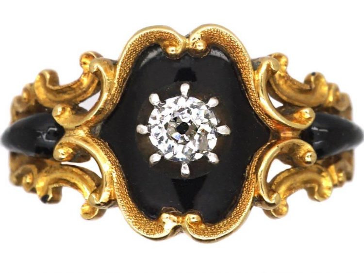 Georgian 18ct Gold & Black Enamel Mourning Ring set with a Diamond