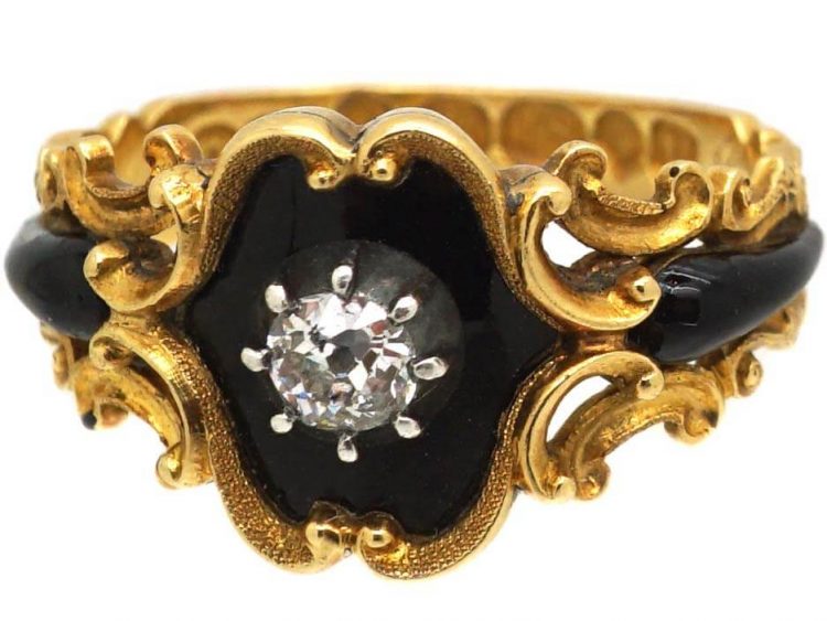 Georgian 18ct Gold & Black Enamel Mourning Ring set with a Diamond