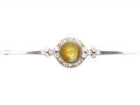 Art Deco 18ct White Gold, Cat's Eye Chrysoberyl & Diamond Brooch