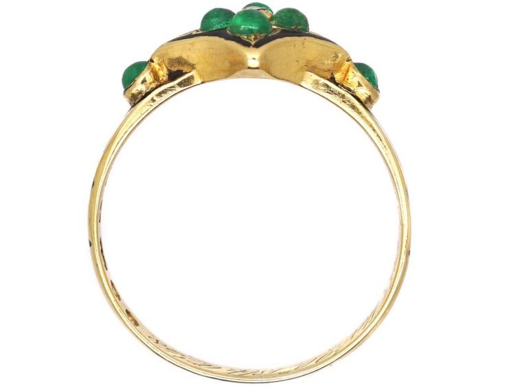 Early Victorian 18ct Gold & Black Enamel Mourning Ring set with Cabochon Emeralds & a Diamond