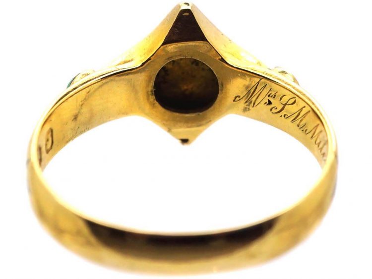 Early Victorian 18ct Gold & Black Enamel Mourning Ring set with Cabochon Emeralds & a Diamond