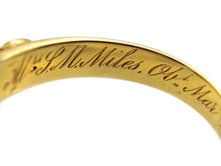 Early Victorian 18ct Gold & Black Enamel Mourning Ring set with Cabochon Emeralds & a Diamond