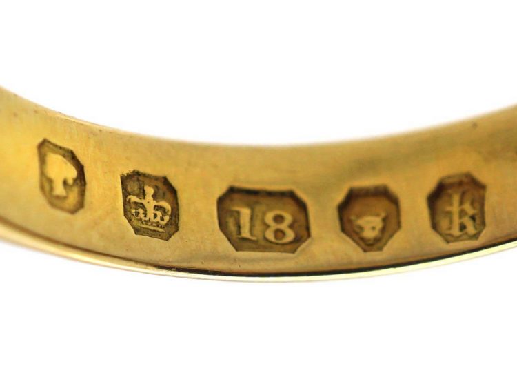 Early Victorian 18ct Gold & Black Enamel Mourning Ring set with Cabochon Emeralds & a Diamond