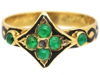 Early Victorian 18ct Gold & Black Enamel Mourning Ring set with Cabochon Emeralds & a Diamond