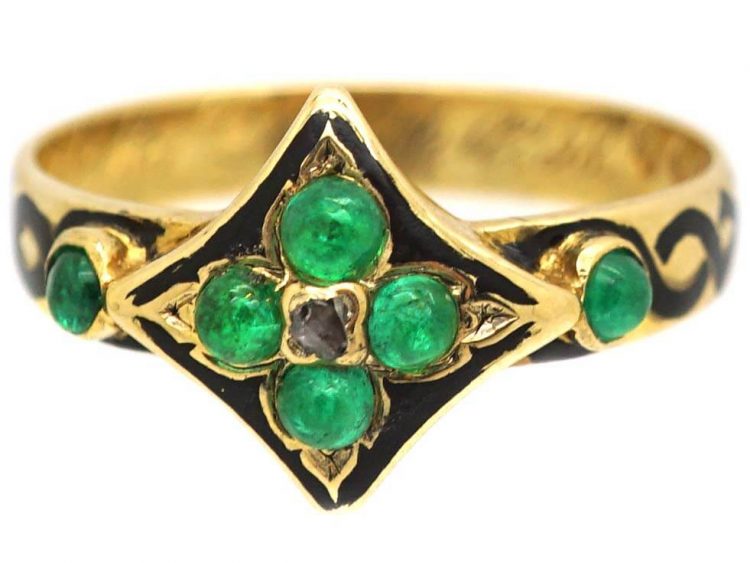 Early Victorian 18ct Gold & Black Enamel Mourning Ring set with Cabochon Emeralds & a Diamond