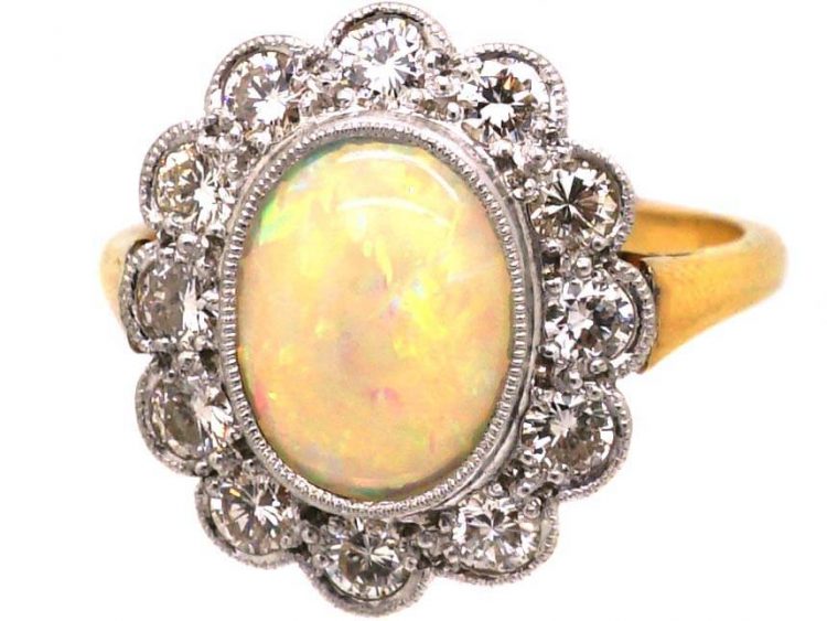 Edwardian 18ct Gold & Platinum, Opal & Diamond Cluster Ring