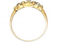 Regency Old Mine Cut Diamond Three Stone Ring with Emerald Detail