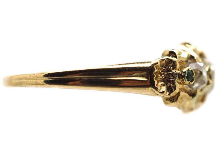Regency Old Mine Cut Diamond Three Stone Ring with Emerald Detail