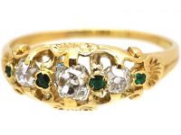 Regency Old Mine Cut Diamond Three Stone Ring with Emerald Detail