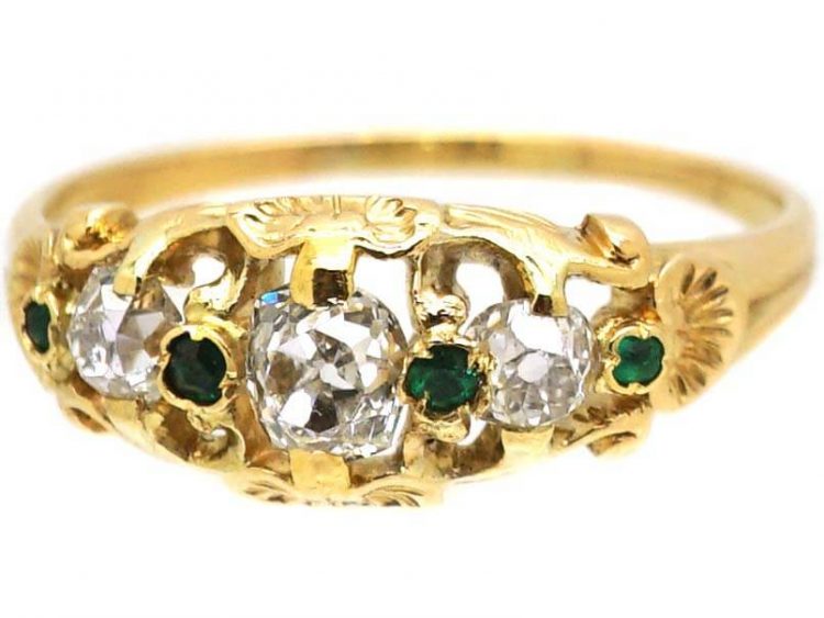 Regency Old Mine Cut Diamond Three Stone Ring with Emerald Detail