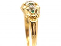 Regency Old Mine Cut Diamond Three Stone Ring with Emerald Detail
