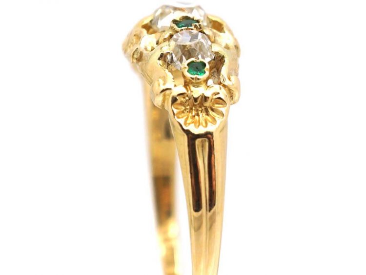 Regency Old Mine Cut Diamond Three Stone Ring with Emerald Detail