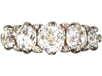 Early Victorian 18ct Gold & Silver Five Stone Old Mine Cut Diamond Ring with Diamond Points