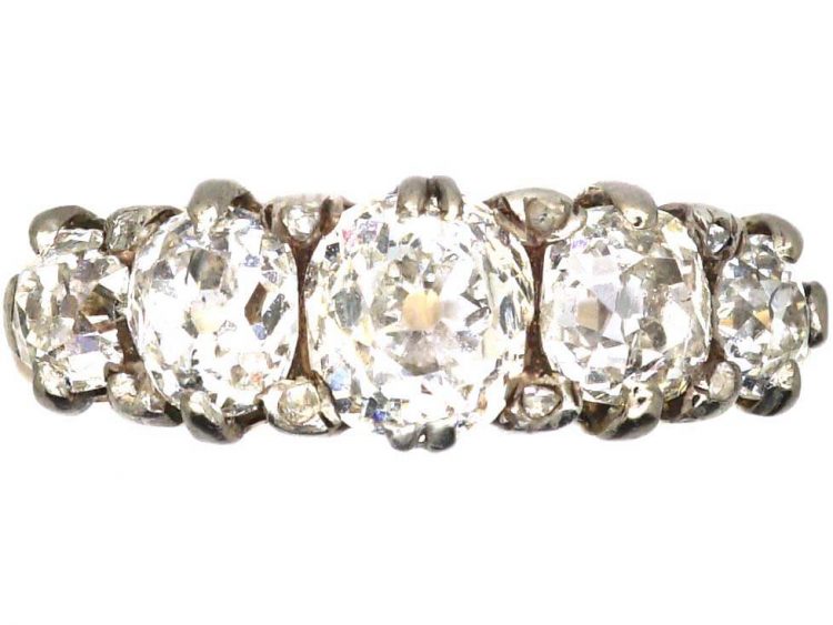Early Victorian 18ct Gold & Silver Five Stone Old Mine Cut Diamond Ring with Diamond Points