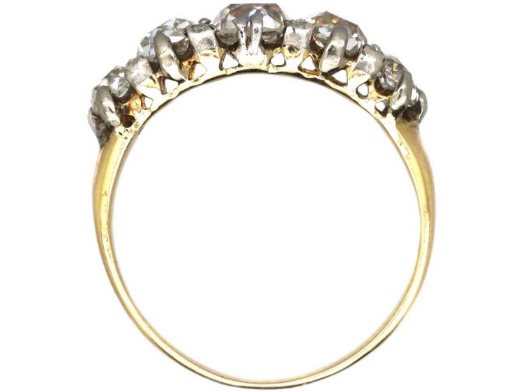 Early Victorian 18ct Gold & Silver Five Stone Old Mine Cut Diamond Ring with Diamond Points