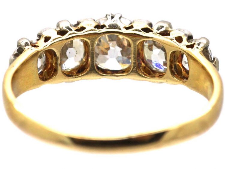 Early Victorian 18ct Gold & Silver Five Stone Old Mine Cut Diamond Ring with Diamond Points