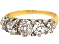 Early Victorian 18ct Gold & Silver Five Stone Old Mine Cut Diamond Ring with Diamond Points