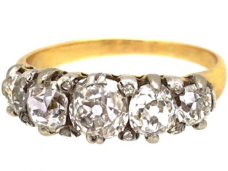 Early Victorian 18ct Gold & Silver Five Stone Old Mine Cut Diamond Ring with Diamond Points