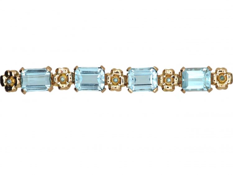 Retro 18ct Gold Panel Bracelet set with Rectangular Cut Aquamarines
