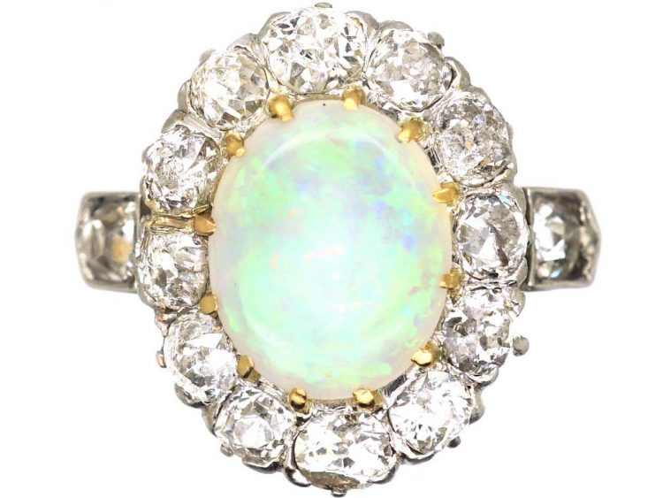 Edwardian 18ct Gold, Opal & Diamond Cluster Ring with Diamond Set Shoulders