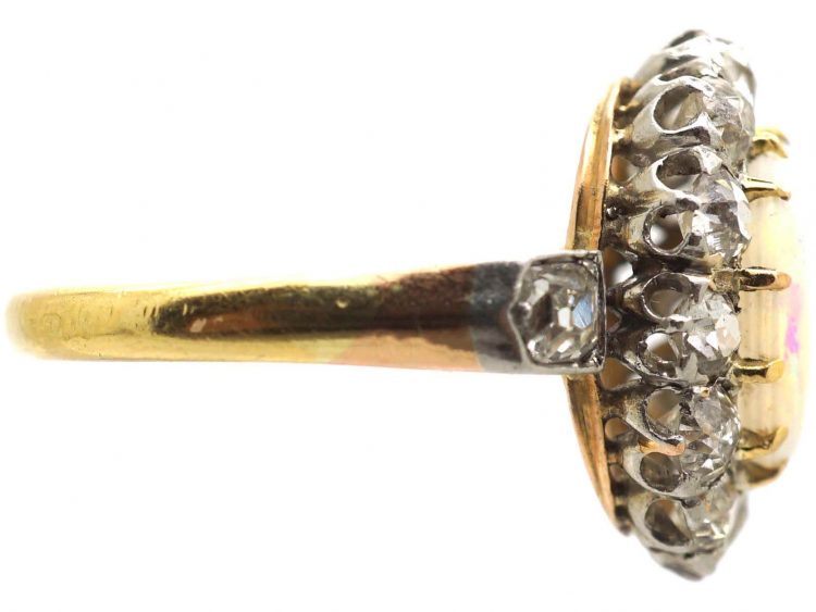 Edwardian 18ct Gold, Opal & Diamond Cluster Ring with Diamond Set Shoulders
