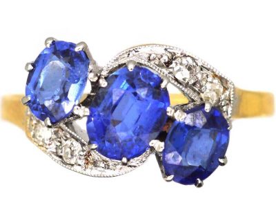 Edwardian 18ct Gold & Platinum, Three Stone Sapphire & Diamond Crossover Ring