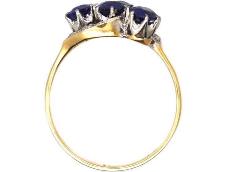 Edwardian 18ct Gold & Platinum, Three Stone Sapphire & Diamond Crossover Ring