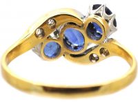 Edwardian 18ct Gold & Platinum, Three Stone Sapphire & Diamond Crossover Ring