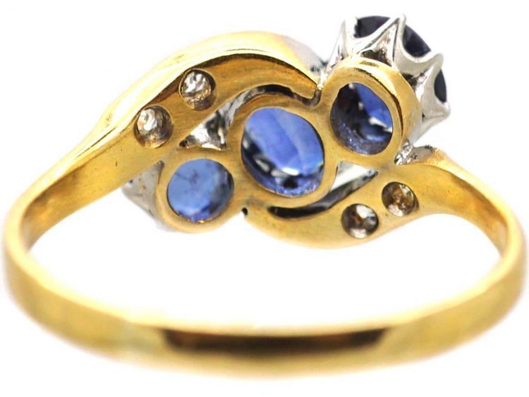 Edwardian 18ct Gold & Platinum, Three Stone Sapphire & Diamond Crossover Ring