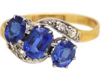 Edwardian 18ct Gold & Platinum, Three Stone Sapphire & Diamond Crossover Ring
