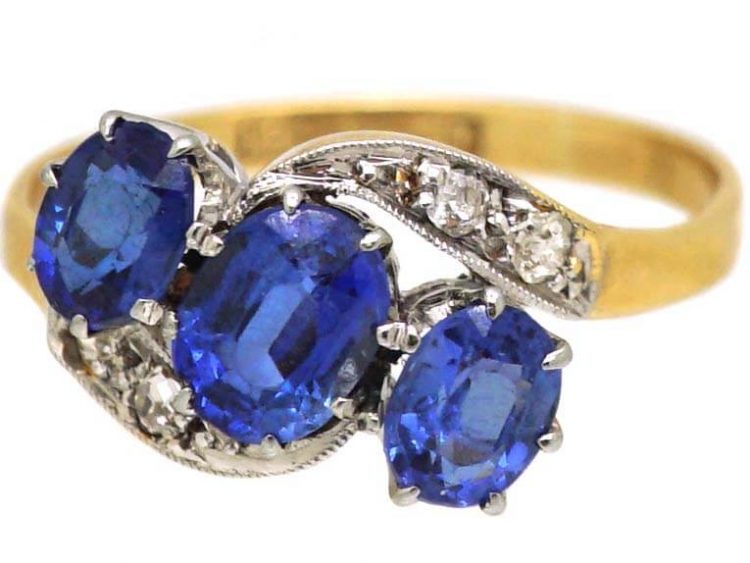 Edwardian 18ct Gold & Platinum, Three Stone Sapphire & Diamond Crossover Ring