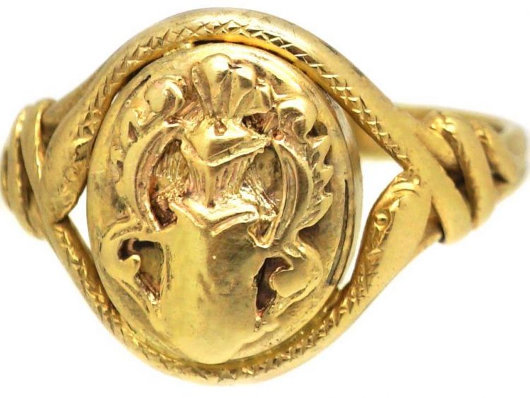 Victorian 15ct Gold Signet Ring with Armorial & Snake Detail