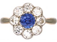 Edwardian 18ct Gold & Platinum, Sapphire & Diamond Cluster Ring
