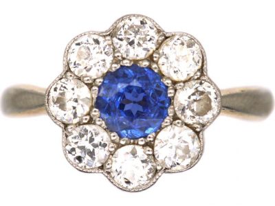 Edwardian 18ct Gold & Platinum, Sapphire & Diamond Cluster Ring