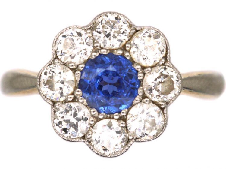 Edwardian 18ct Gold & Platinum, Sapphire & Diamond Cluster Ring