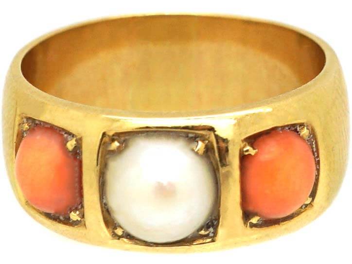 Victorian 18ct Gold, Coral & Pearl Ring