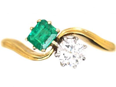 Edwardian 18ct Gold, Emerald & Diamond Crossover Ring