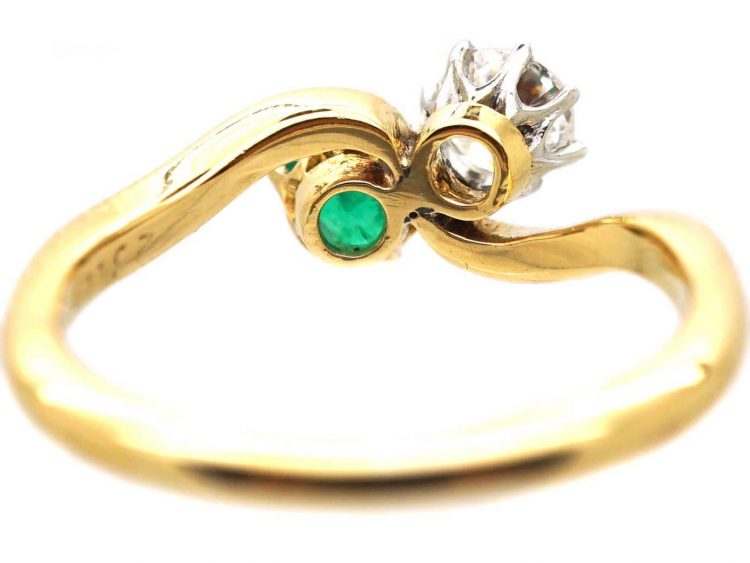 Edwardian 18ct Gold, Emerald & Diamond Crossover Ring