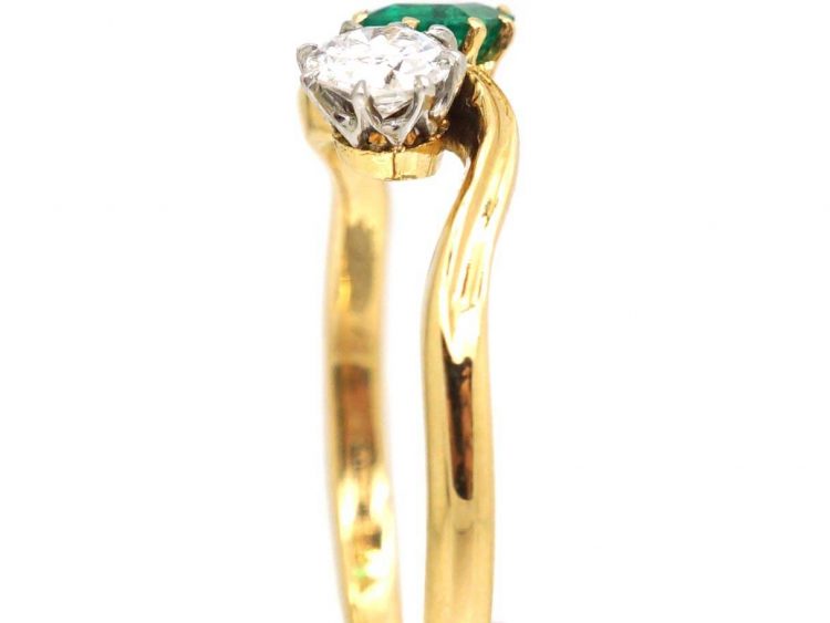 Edwardian 18ct Gold, Emerald & Diamond Crossover Ring