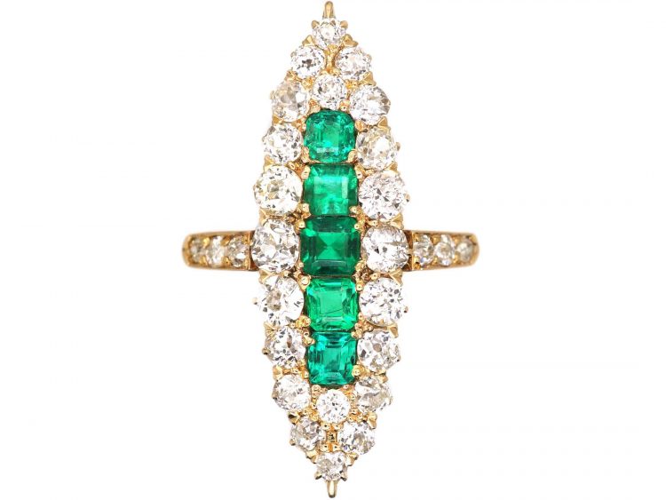 Victorian 18ct Gold, Emerald & Diamond Large Marquise Ring