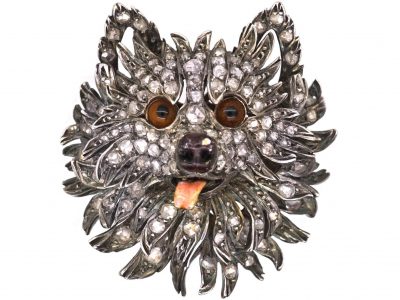 Victorian Dog's Head Brooch set with Diamonds with Enamel Tongue & Glass Eyes