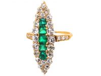 Victorian 18ct Gold, Emerald & Diamond Large Marquise Ring